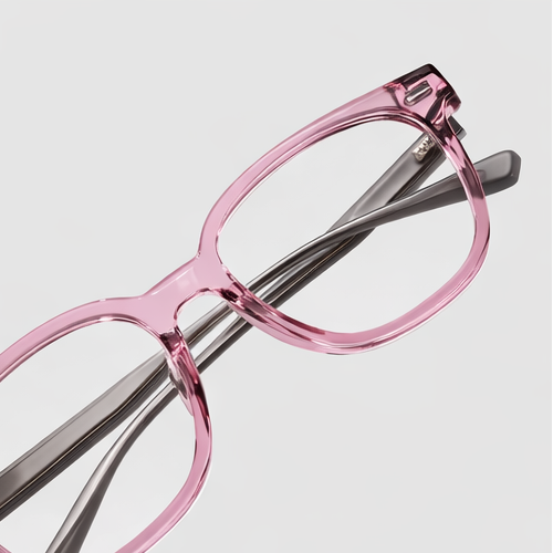 Collage of pink eyeglasses with a gray frame on a light gray background