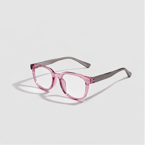 Collage of pink eyeglasses with a gray frame on a light gray background