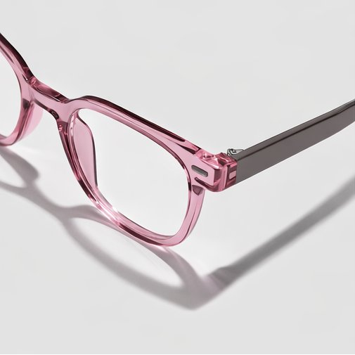 Collage of pink eyeglasses with a gray frame on a light gray background