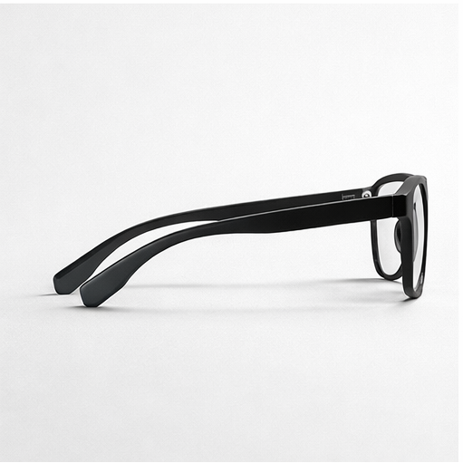 Four different angles of a black eyeglasses frame on a white background
