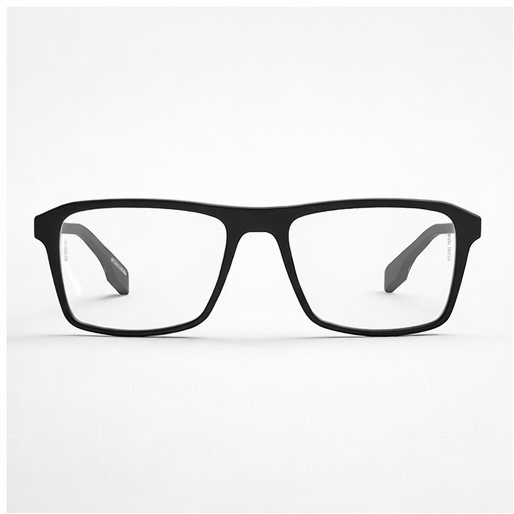 Four different angles of a black eyeglasses frame on a white background