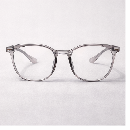 Four different angles of a pair of clear eyeglasses on a white background