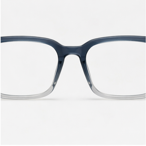 Four different angles of a blue eyeglasses frame on a white background