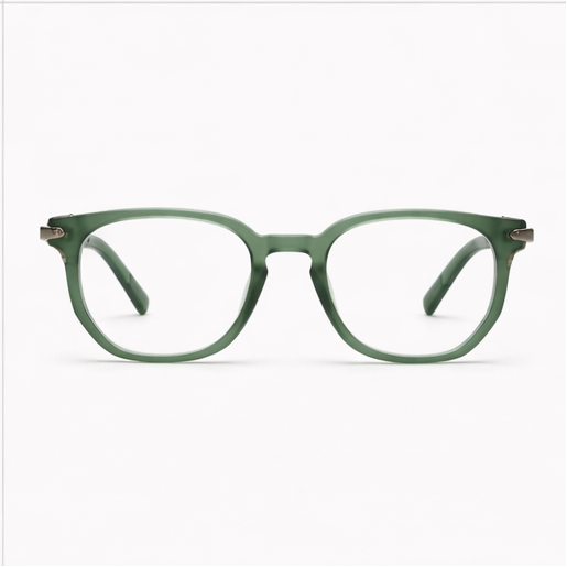 Green eyeglasses shown from multiple angles on a white background